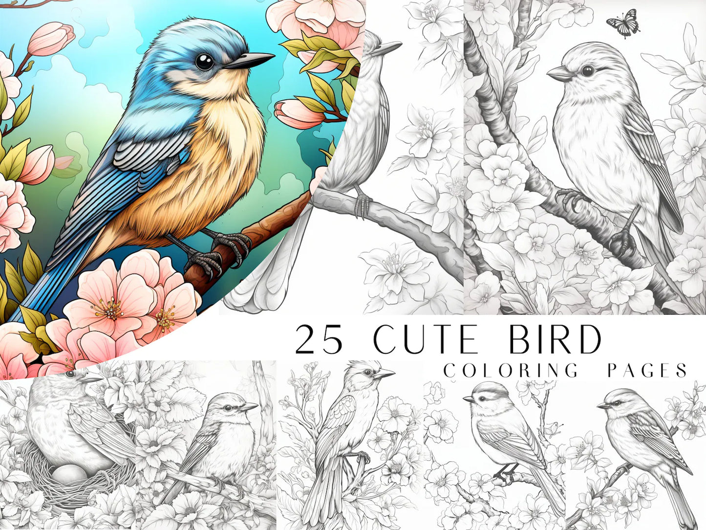 25 Cute Bird Coloring Pages - Adults And Kids Coloring Book, Digital Coloring Sheets, Instant Download, Printable PDF File.