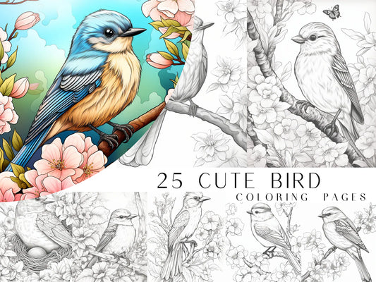 25 Cute Bird Coloring Pages - Adults And Kids Coloring Book, Digital Coloring Sheets, Instant Download, Printable PDF File.