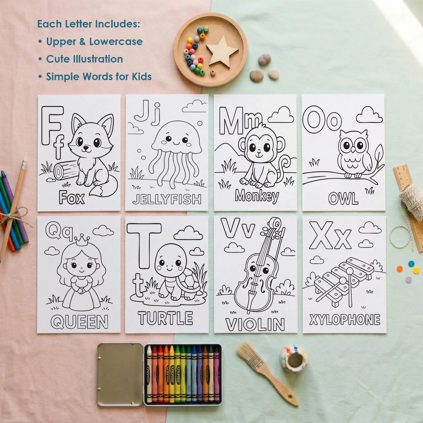 Alphabet Coloring Pages for Kids - 26 Printable ABC Letters with Easy Pictures PDF