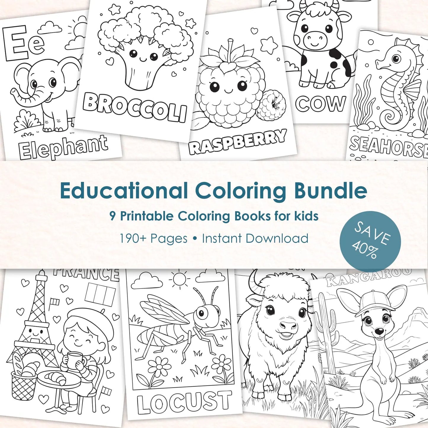 Educational Coloring Bundle for Kids, Printable Coloring Books Set, Alphabet Animals Learning Worksheets PDF