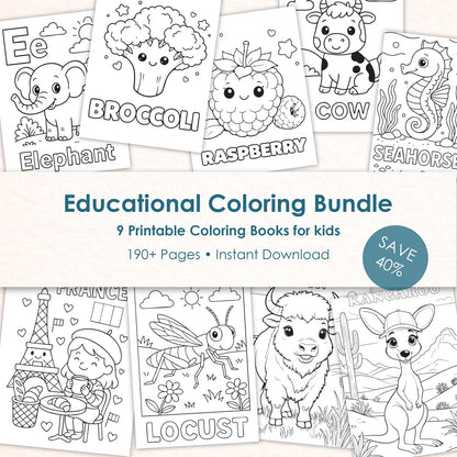 Educational Coloring Bundle for Kids, Printable Coloring Books Set, Alphabet Animals Learning Worksheets PDF