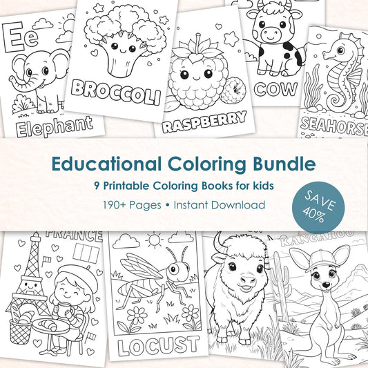 Educational Coloring Bundle for Kids, Printable Coloring Books Set, Alphabet Animals Learning Worksheets PDF