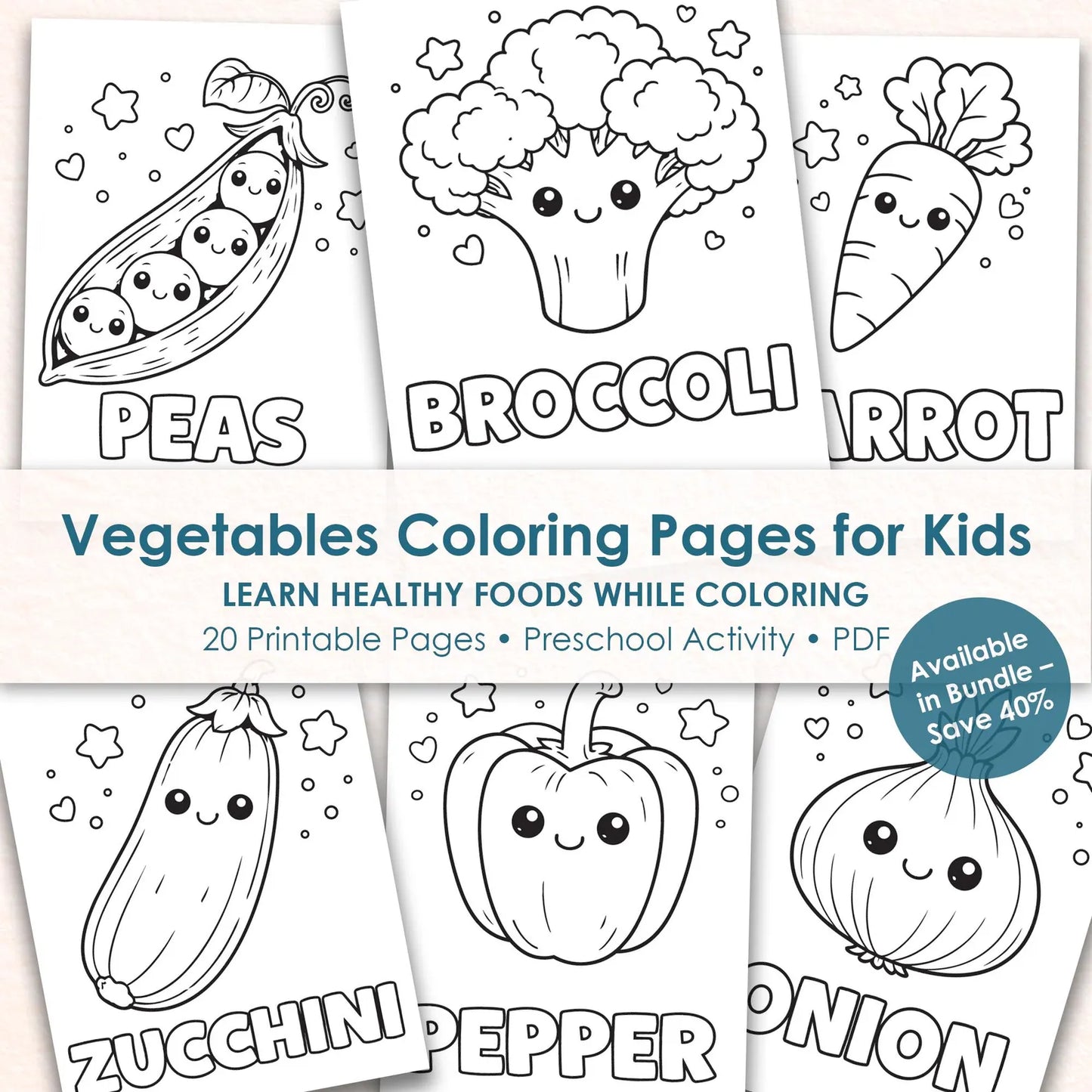 Vegetables Coloring Pages for Kids, Healthy Food Theme Printable, Preschool Learning Activity,