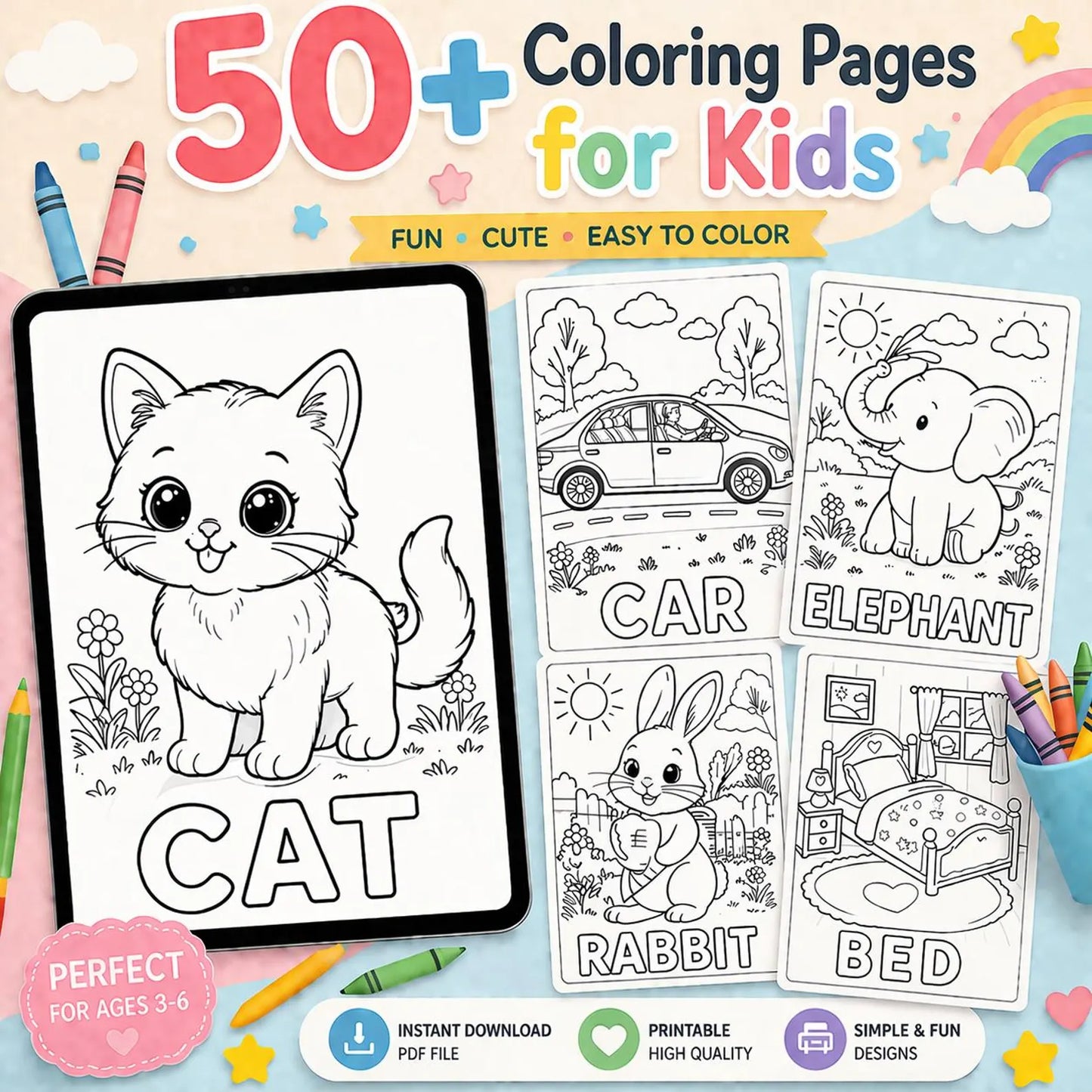 50+ Easy Coloring Pages for Kids Ages 3-6 (PDF Download)